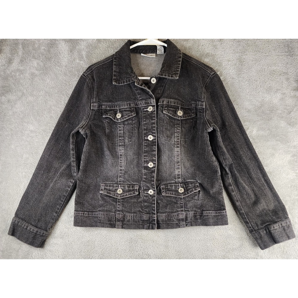 Chico's Platinum Denim Jacket Womens 1 Black Faded Stretch Button Up Trucker